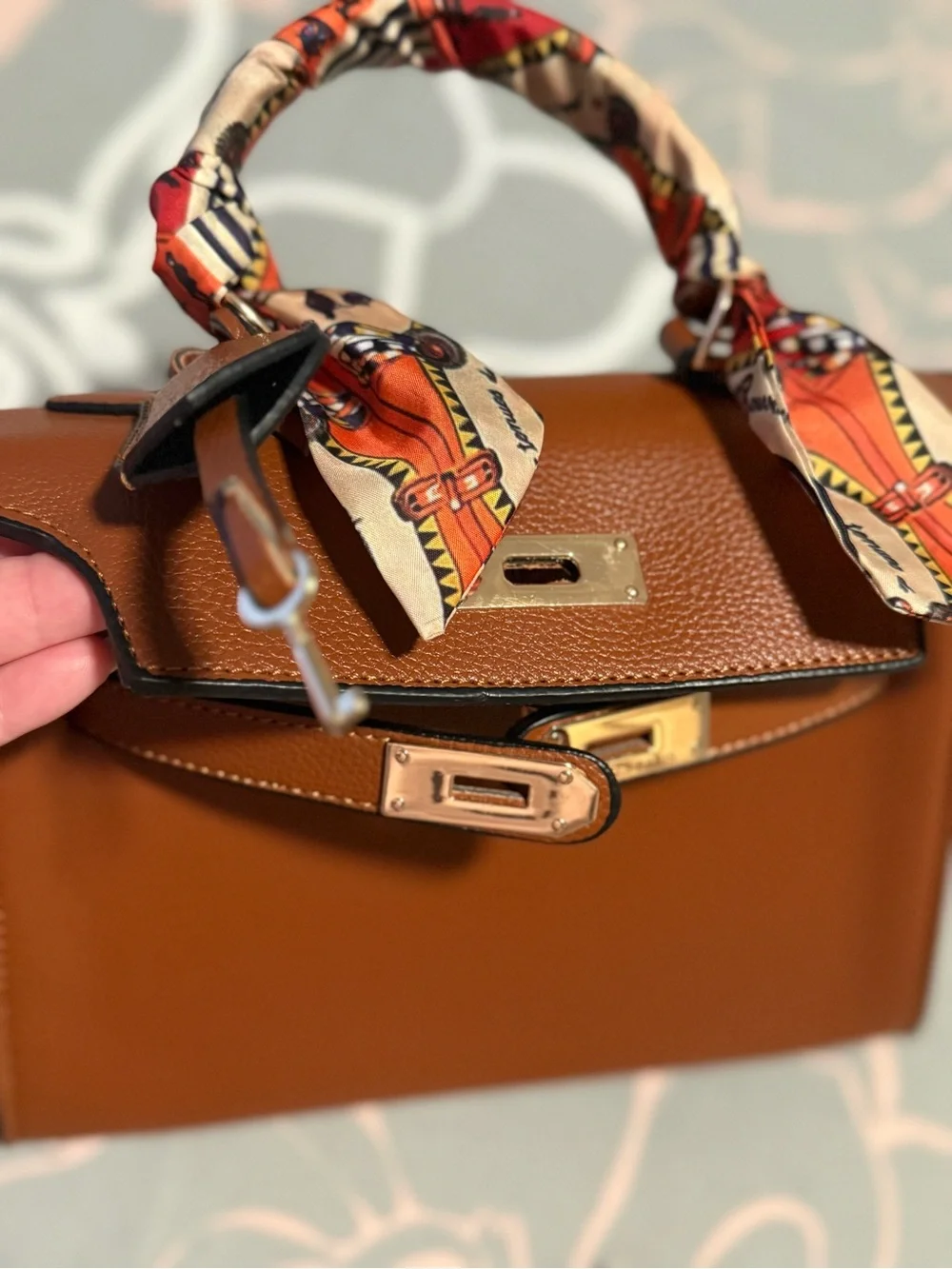 Tan Leather Top-Handle Handbag with Scarf-Wrapped Handle